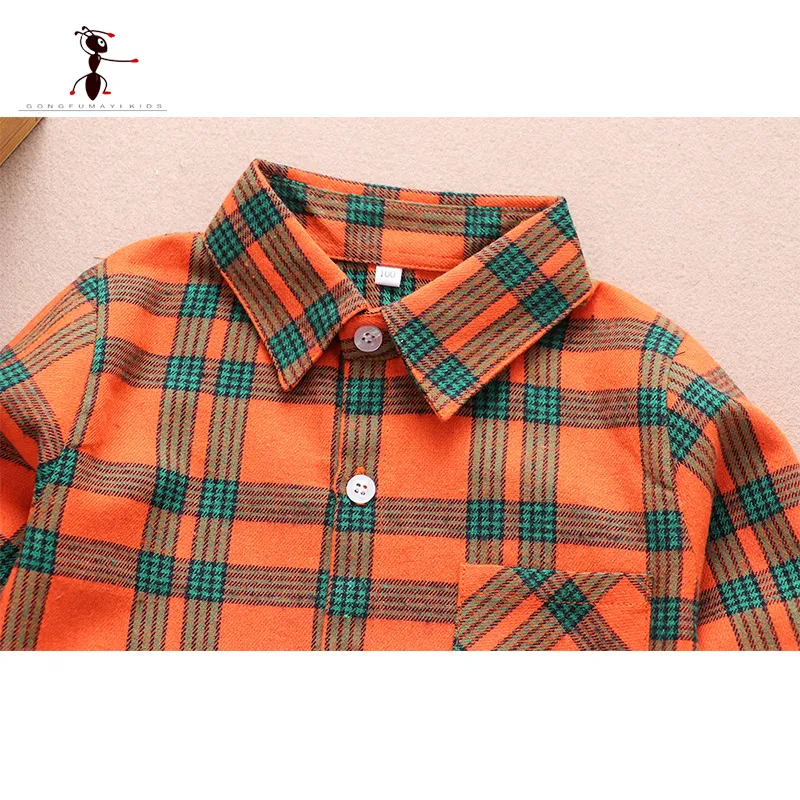 Hot Sale 100%Cotton Baby Boy Shirt Turn-down Collar Flannel Baby Blouse Tops Plaid Baby Shirts For 2-12 Years Old Kids Top 1908