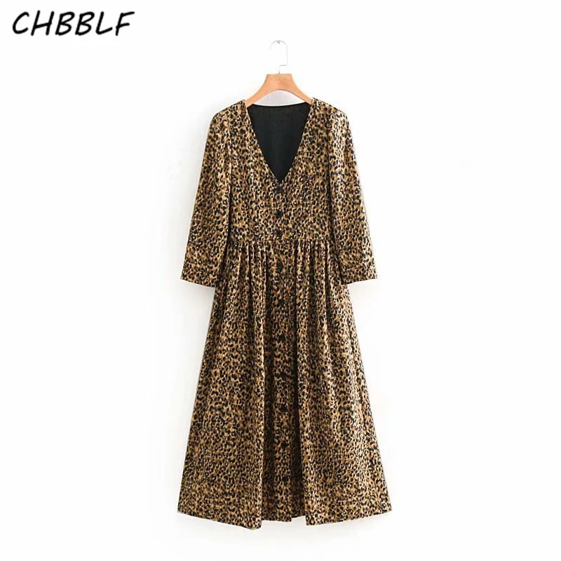 

CHBBLF women leopard dress three quarter sleeve v neck single button design chic long dresses vestidos O8917