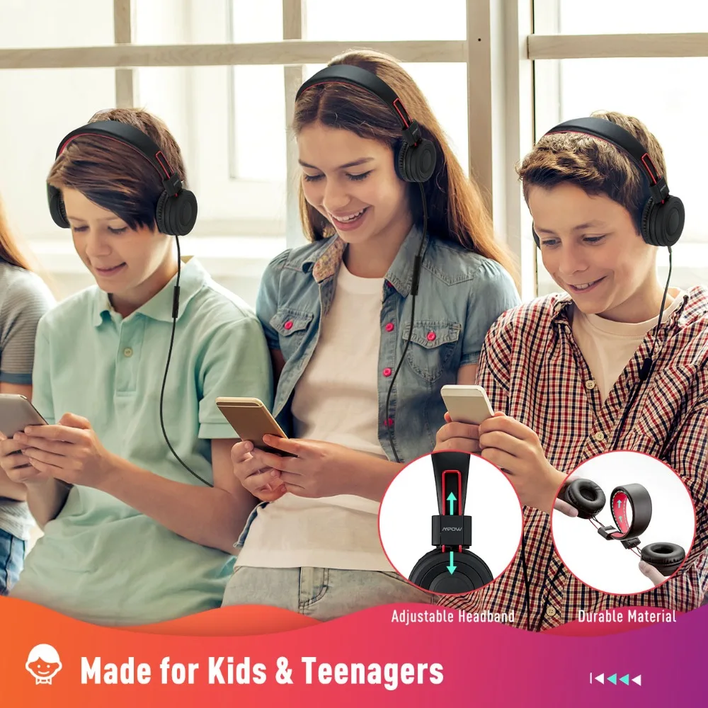 Mpow CH7 проводные наушники для детей с микрофоном, чехол для переноски Max 91Db, детские наушники с поддержкой регулировки громкости для телефона, планшета, ПК