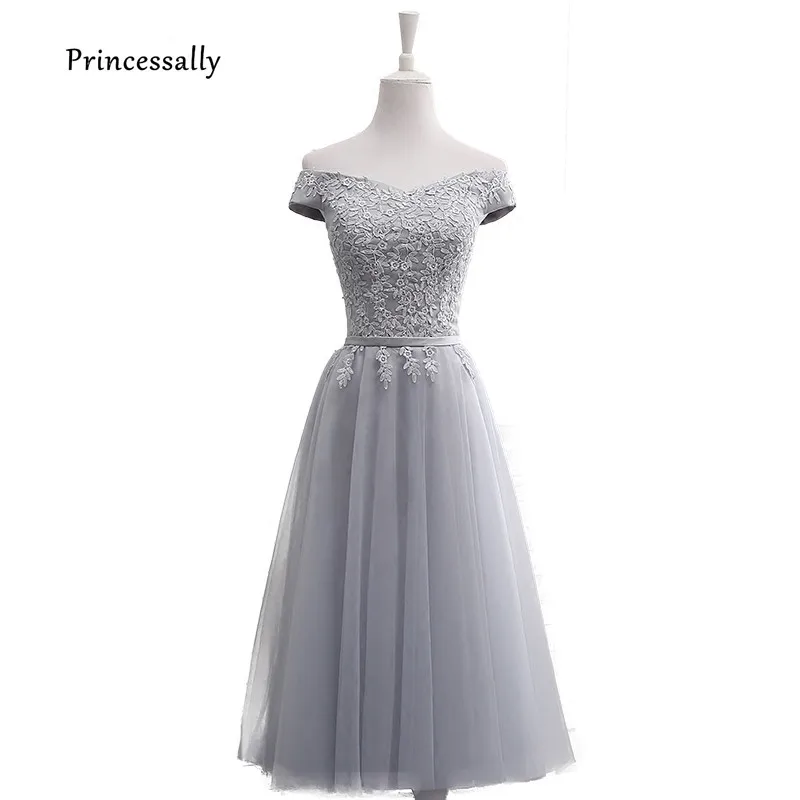 

New Bridesmaid Dress Sexy Boat Neck Appliques Lace Tea-length Off Shoulder Formal Cheap Prom Party Gown Under 50 Robe De Soiree
