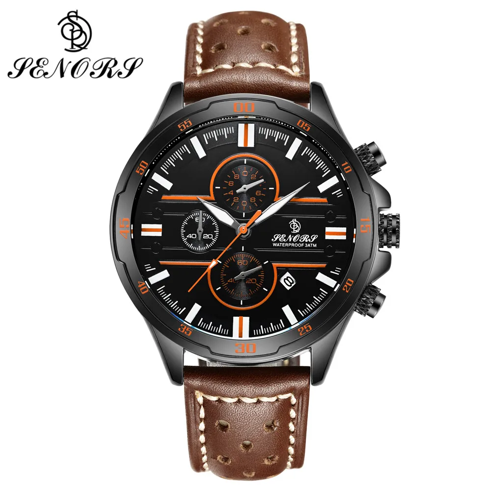 

SENORS Big Face Men Quartz Watch with Genuine Leather Strap Luminous Hands Clock Chronograph Men Watches Waterproof Sport Wrist