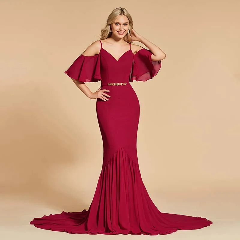 Tanpell spaghetti straps evening dress burgundy 3/4 sleeves floor
