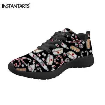 

INSTANTARTS Cute Nurse Love Black Women Flats Shoes Women Casual Lace Up Flats Shoes Students Girl Breathable Brand Mesh Sneaker