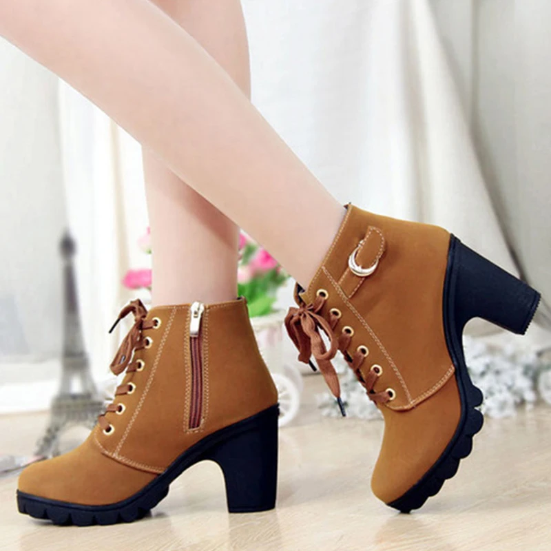 

2018 Autumn Ankle Boots Women Platform High Heels Lace Up Buckle Strap Shoes Thick Heel PU Short Boot Ladies Zipper Footwear