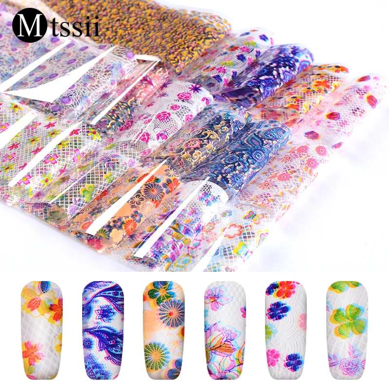 Mtssii 16pcs Colorful Paper Nail Foils Garden Flower DIY Laser Glitter