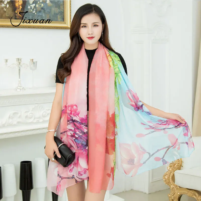 

2018 fashion long shawl chiffon summer beach silk scarves women hijab foulard print soft pashmina flower print capes Cachecol