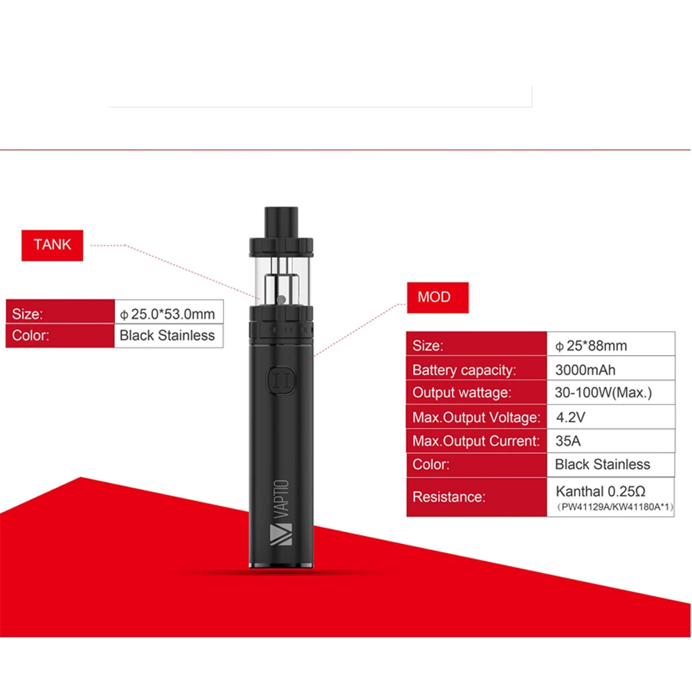 Preise 3000mAh Vaptio C2 Starter Kit mit 100W power   Lange letzten Batterie 2 ml 4 ml zerstäuber Elektronische zigarette Vape Stift