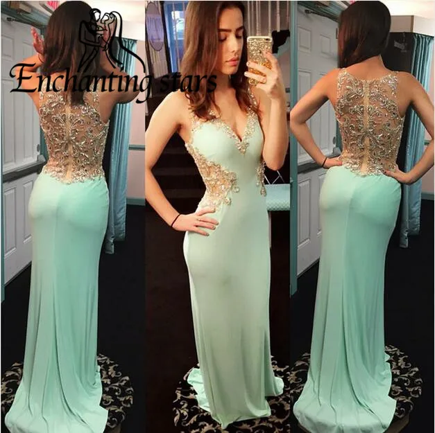 2017 Sheer Straps Prom Dresses With Shiny Beading Crystals Sexy Sheath