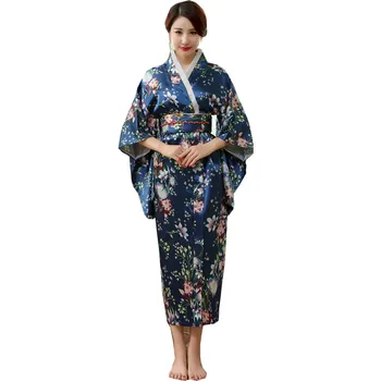 

Japanese Traditional Women Silk Rayon Kimono Vintage Yukata With Obi Performance Dance Dress Halloween Costume One Size HL02