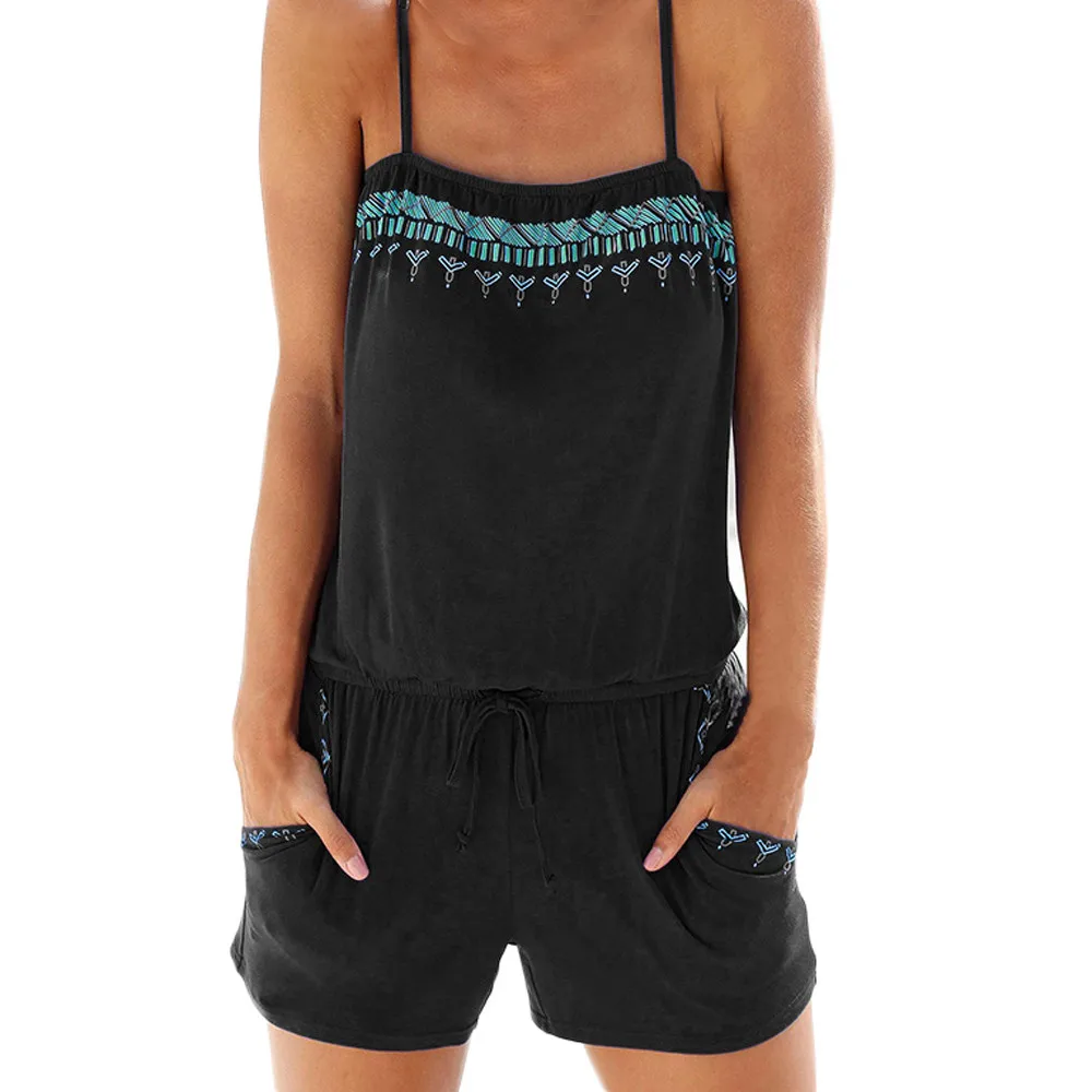 

Summer Women Sexy Print Playsuit Jumpsuit Casual Sleeveless Backless Elastic Waist Print Mini Romper Cotton Playsuits HX0801