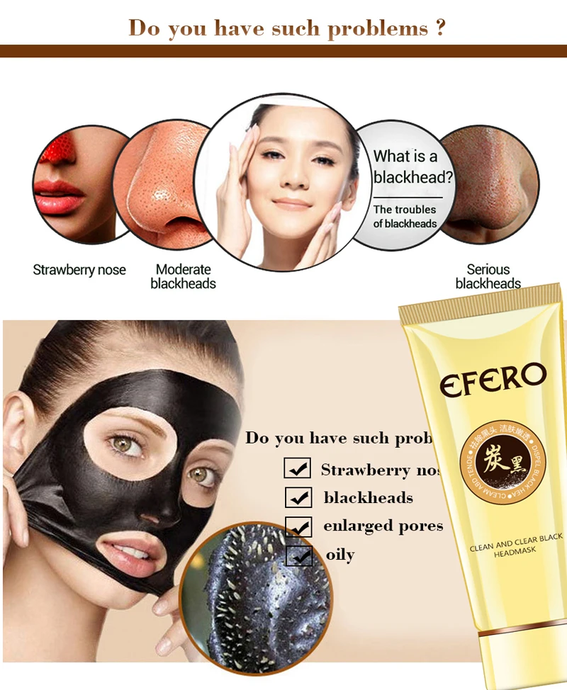 Efero 1 шт. маска от угрей для ухода за кожей лица маска blackhead Remover черный маски пилинг пор полосы маска для носа лечение акне уход