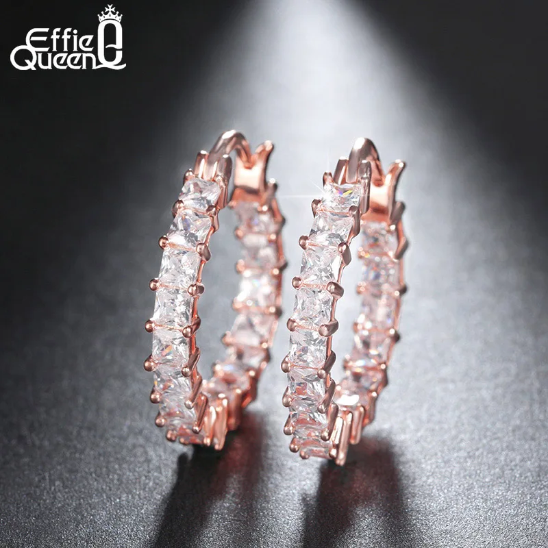 Effie queen большие круглые женские серьги-кольца в вечном стиле с блестящим цирконием, роскошные серьги для женщин, DE144 - Окраска металла: E144-Rose Gold Color