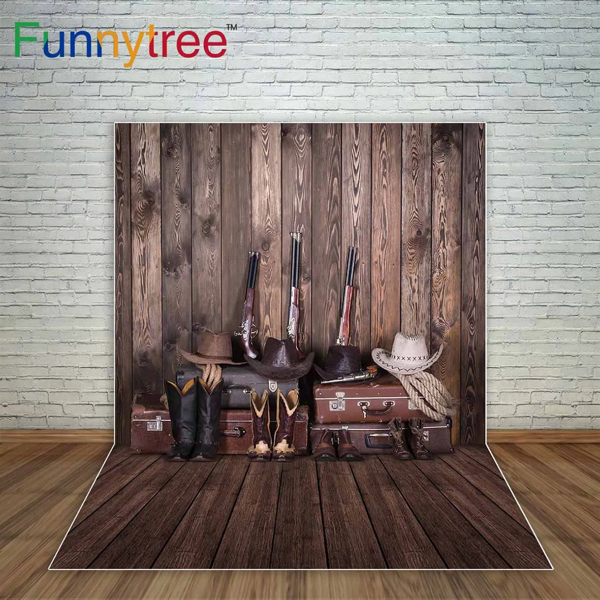 Suitcase cowboy hat wooden board background boots American western