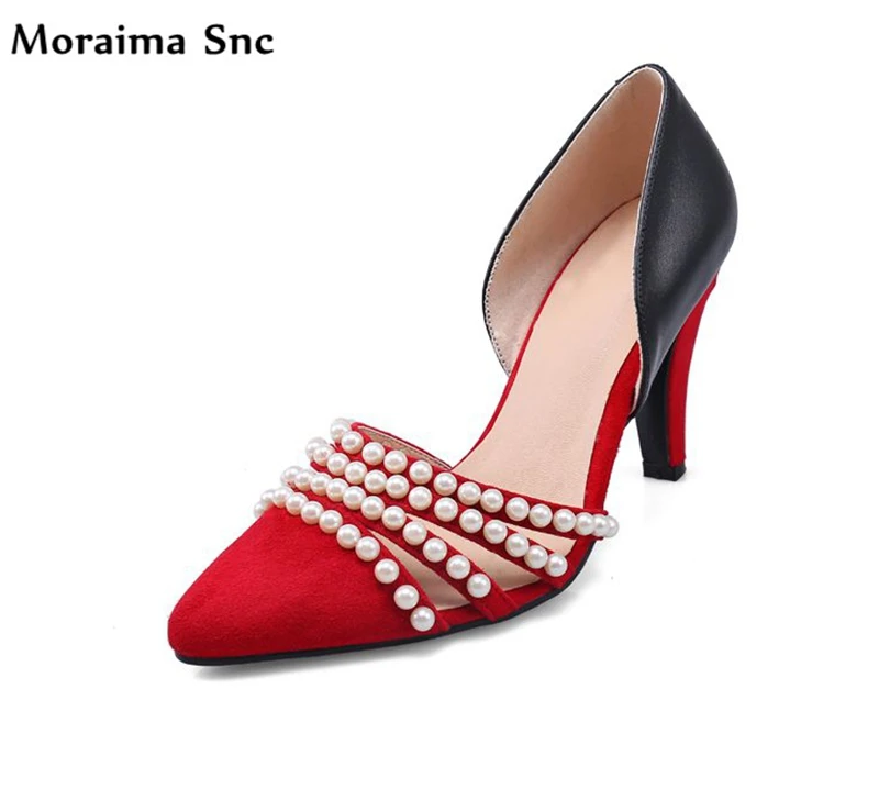 

Moraima Snc chic women sandals string bead Decoration shallow pointed toe high heel mixed colors spike heel slip-on party shoes