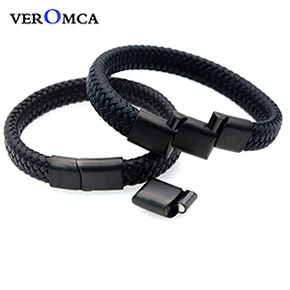 VEROMCA Punk Men Jewelry Black Genuine Braided Leather Bracelet Stainless Steel Magnetic Clasp Fashion Bangles 18.5 22.5 20.5cm (18)