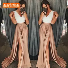 Модные женские длинные платья для выпускного вечера, официальное платье с v-образным вырезом, эластичное атласное кружевное платье на молнии, с разрезом сбоку, длина до пола, вечернее платье, новинка