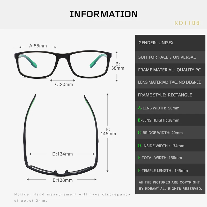 KDEAM прямоугольная пластиковая мужская оправа для очков с UV400 линзами полный обод оптических спортивных очков посылка