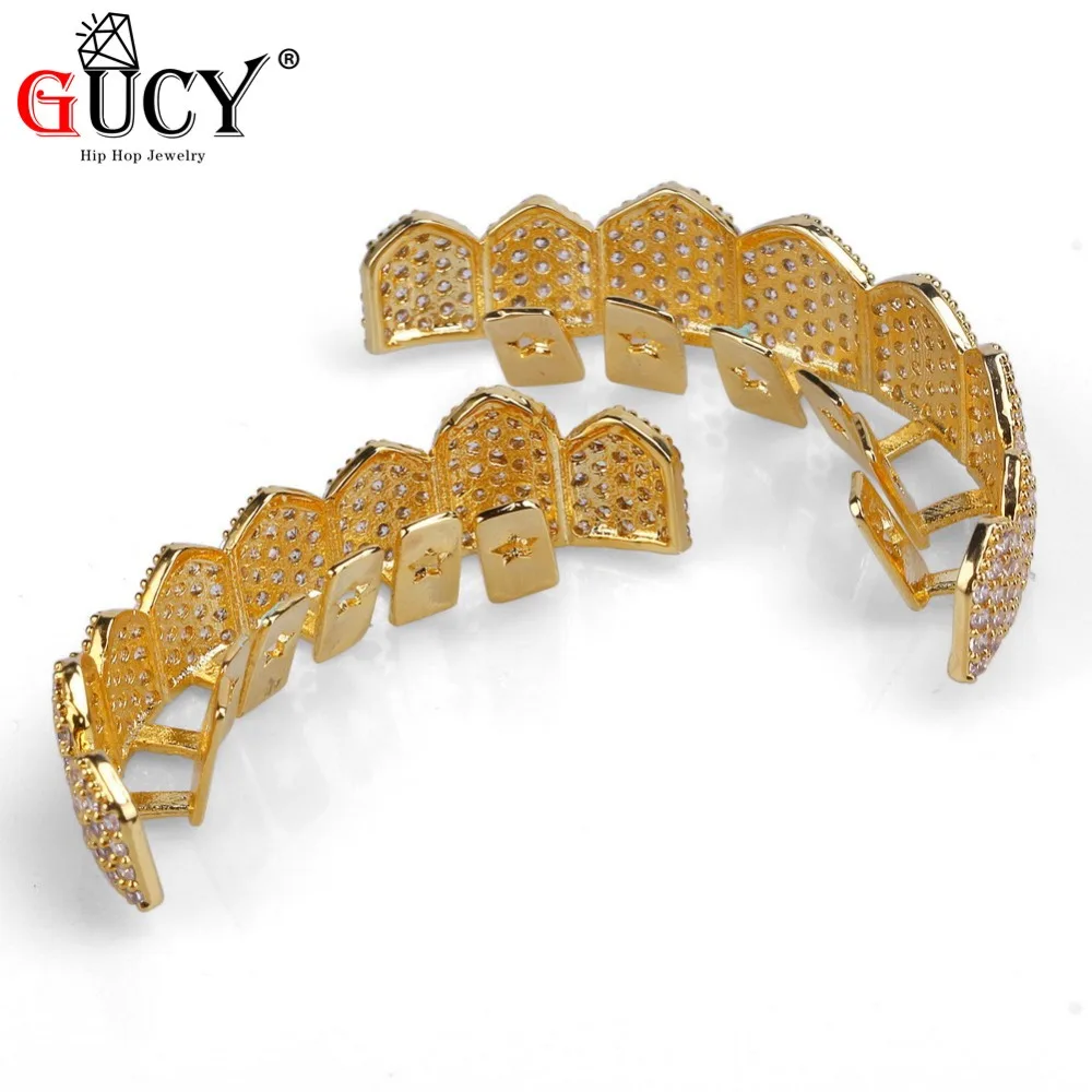 GUCY Custom Fit цвета: золотистый, серебристый все льдом хип-хоп ЗУБЫ Grillz микро Pave кубический циркон восемь верхних и нижних зубов грили набор