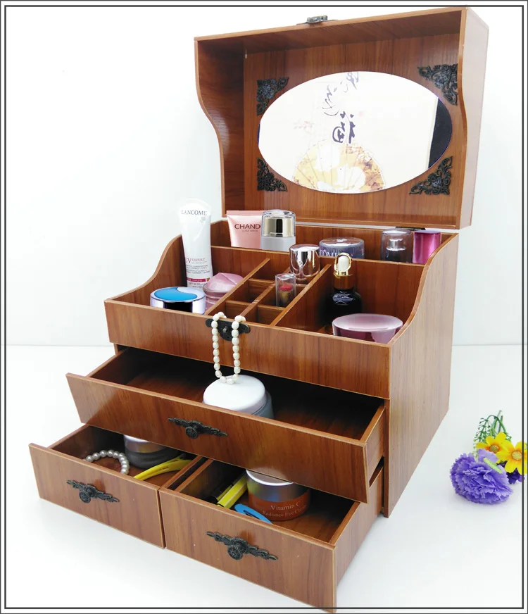 

Cosmetics box dresser desk box drawer type simple and lovely Korean wooden cover with mirror Storage Boxes
