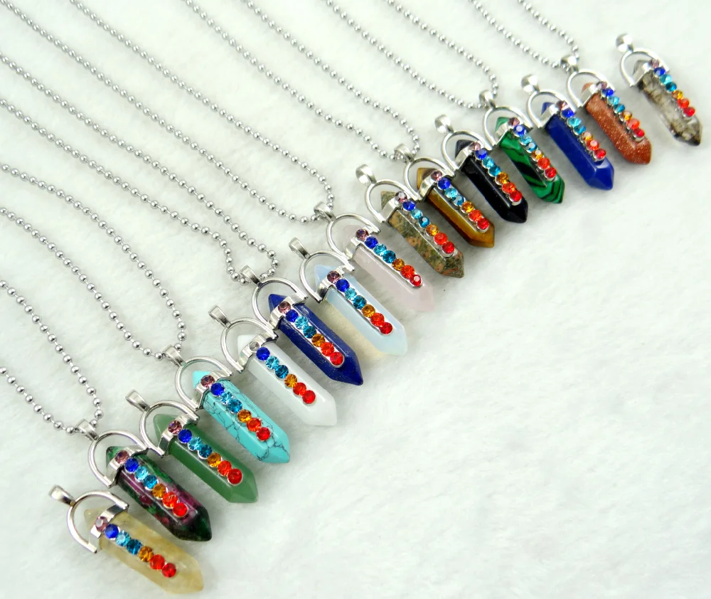 

Natural stone lapis Quartz crystal Opal mix pillar charms chakra Pendant stainless steel Necklace for women Fashion Jewelry 1PC