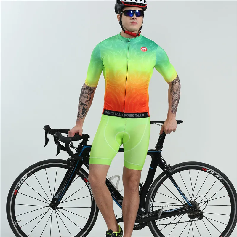 BOESTALK new men cycling jersey set short sleeve fluorescent color uniforme professional competition team go pro triathlon suit