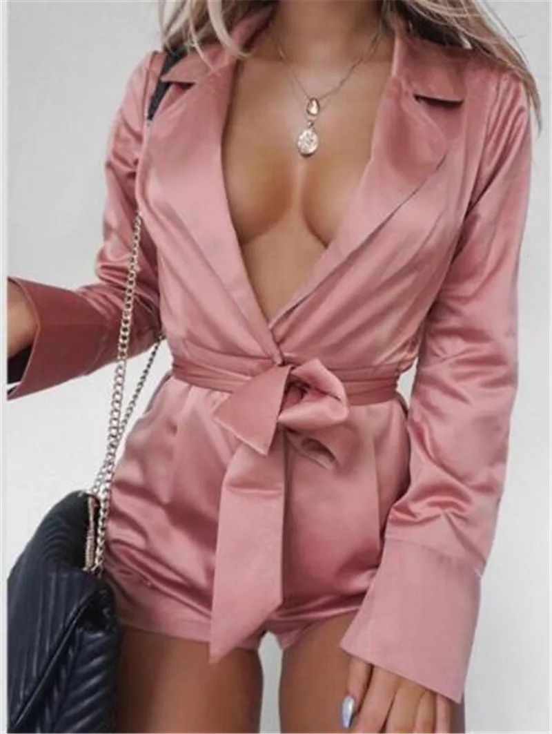 

Sexy Women Playsuit Long Sleeve Satin Pajamas Party Jumpsuit&Romper Nightwear stain Slip Jumpsuit Sexy Women Summer Jumpsuits