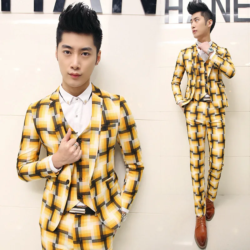 Three pieces plaid Men suits wedding groom 2015 new arrival yellow