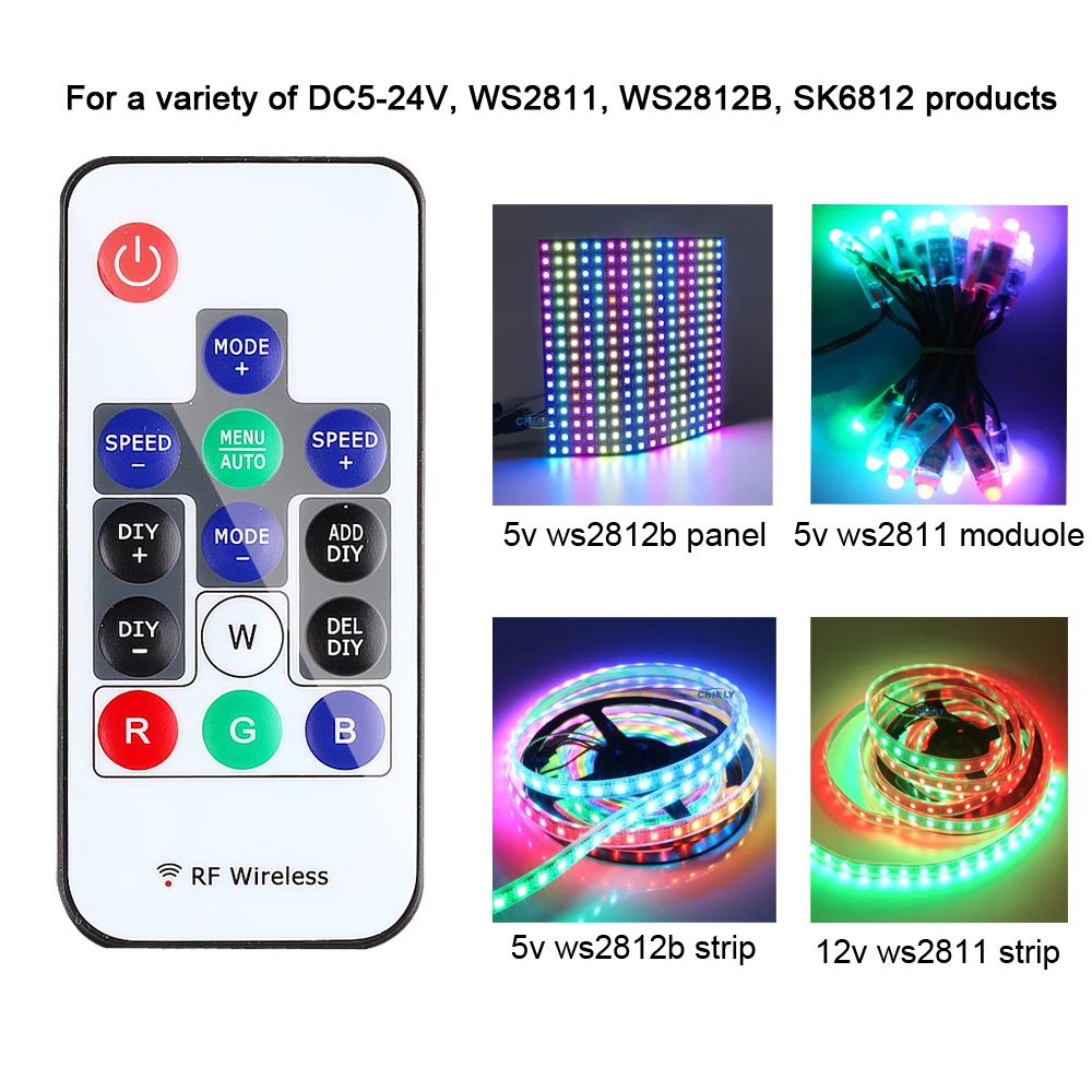 WS2812B пикселей Управление; цветная(RGB) Управление WS2811 SK6812 300 виды изменений Беспроводной RF цифровой Цвет Светодиодные ленты светильник DC 5 V-24 V