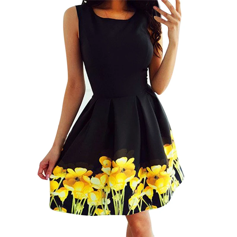 

New Fashion Women's O Neck Sleeveless Dress Floral Print Mini Dress Ladies Casual A-line Dress Holiday Party Sundress Summer
