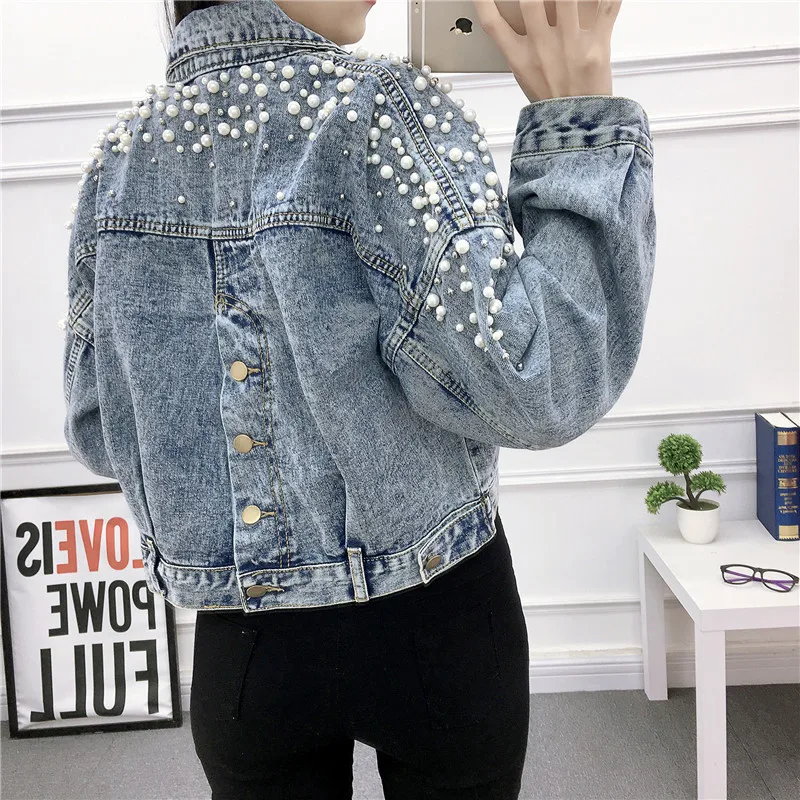 Women Jean Jacket 2019 Spring Autumn Pearls Beading Denim Jackets Female Vintage Long Sleeve Pockets Loose Basic Coats Plus Size