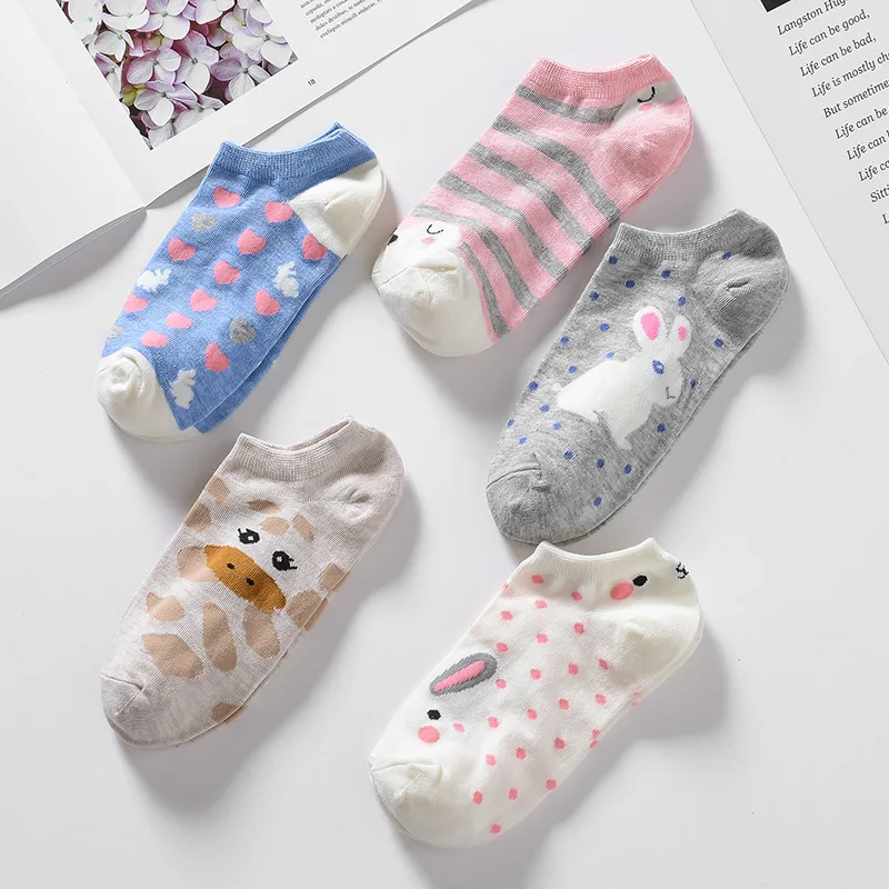 Harajuku/5 пар/лот, носки с ушками животных, женские хлопковые короткие носки, короткие Носки с рисунком единорога, кошки, лисы для девушек, skarpetki - Цвет: cartoon style