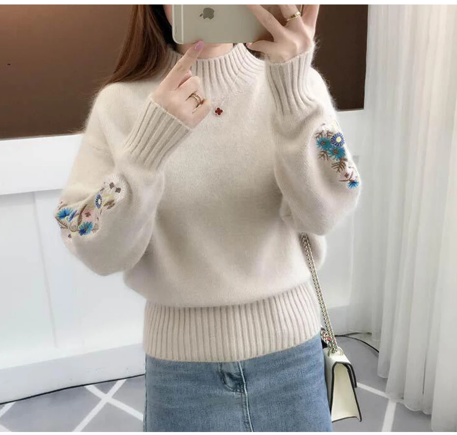Embroidery Turtleneck Sweater Women 2019 Winter Thick Warm Women Pullovers and Sweaters Female Knitted Pull Femme Red flower Embroidery Turtleneck Sweater Women 2019 Winter Thick Warm Women Pullovers and Sweaters Female Knitted Pull Femme Red flower
