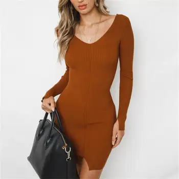 

2019 new hot sale women's spring autumn v-neck slim long style knitted sweaters women sexy long sleeve sweater dresses