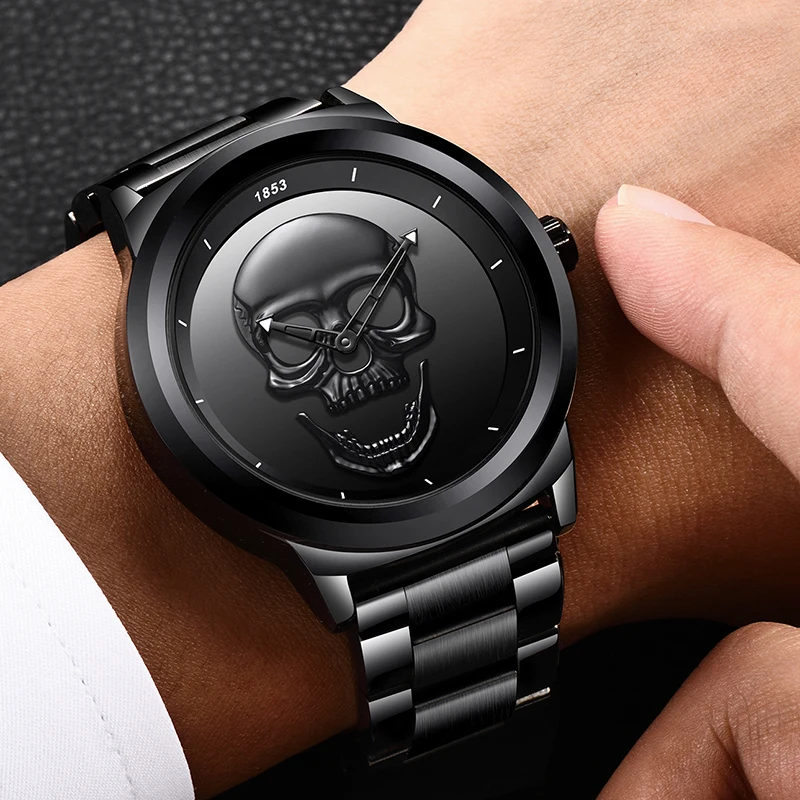 Relogio masculinLIGE Men Skull Watch Brand Luxury Stainless Steel Quartz Watches mens Business Fashion Waterproof Retro Clock