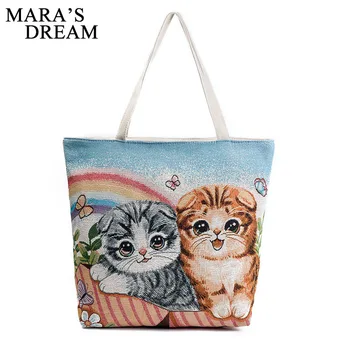 

Mara's Dream Cute Cats Print Canvas Shoulder Bag Women Large Capacity Embroidery Handbag Female Shopping Bag Summer Beach Bag La