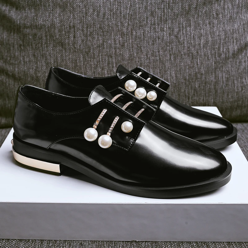 XiuNingYan/Женская обувь на плоской подошве; Брендовая обувь; качественные лоферы; ручной работы жемчуг бусины; цвет белый, черный; повседневные броги; дерби; обувь размера плюс 33-43