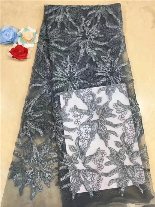 

african lace fabric 2019 white beads high quality lace aso ebi mesh fabric Embroidered Sequins nigerian swiss lace fabric Gray(3