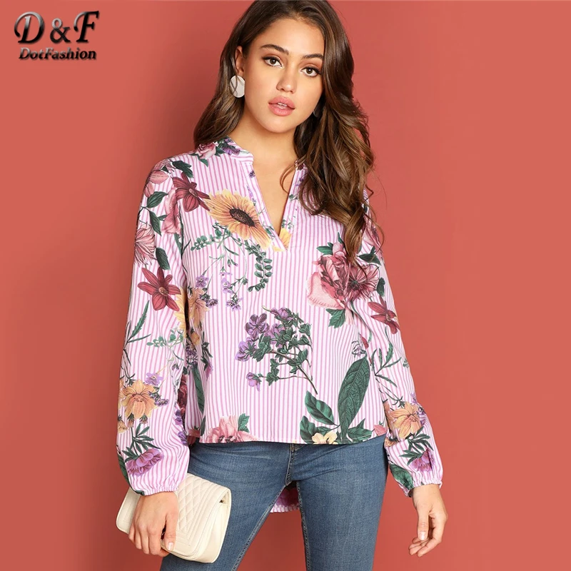 

Dotfashion Pink V-Cut Floral Print Striped Womens Tops And Blouses 2019 Spring Autumn Vacation Long Sleeve Korean Fashion Shirt