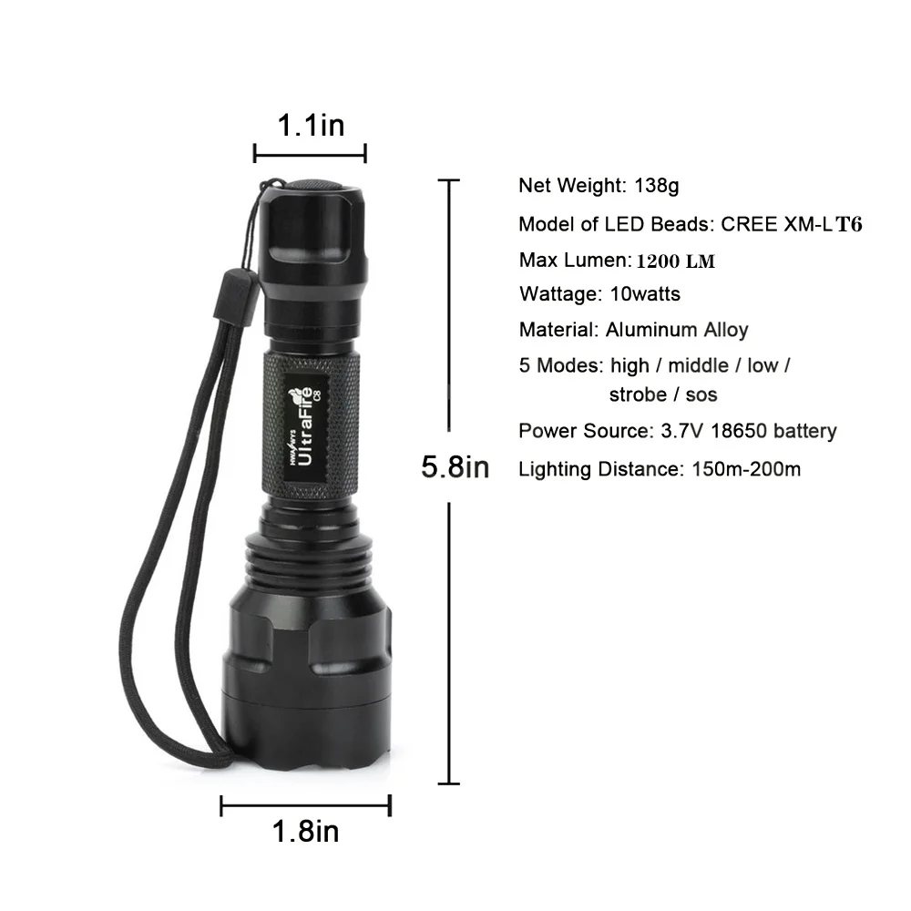 New Ultrafire C8 18650 CREE XM-L L2 LED 5Mode 1200 Lumens Flashlight Torch