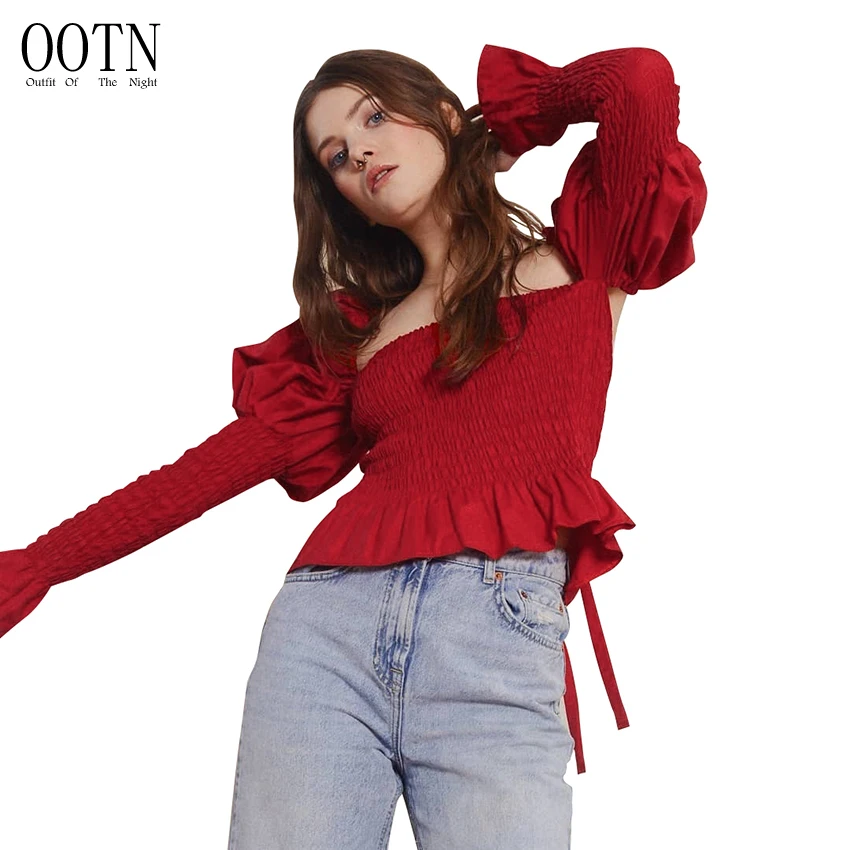 Ceny OOTN R oacute;żowy Czerwony Puff Z Długim Rękawem Koszula Bluzka W Stylu Vintage Kobiety Plac Neck Wzburzyć Tunika Crop Top Kobiet Jesień Zima 2018 moda