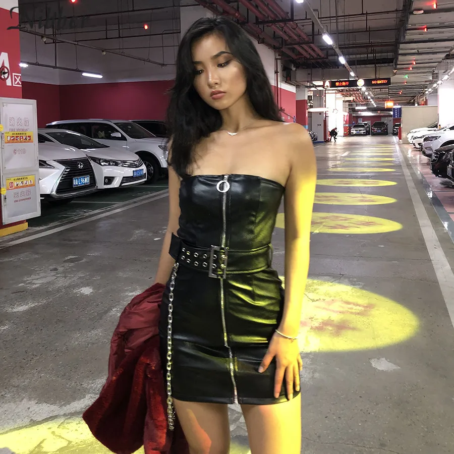 

Nibber women spring goth style black PU leather zipper dress 2019 new fashion Metal chain decoration Punk girl sleeveless dress