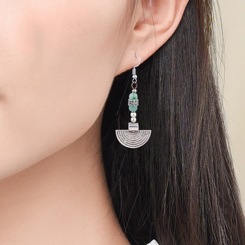 

NEW MYWINY OWN DESIGN crescent moon vintage ethnic fan earrings women,green Aventurine metal earrings