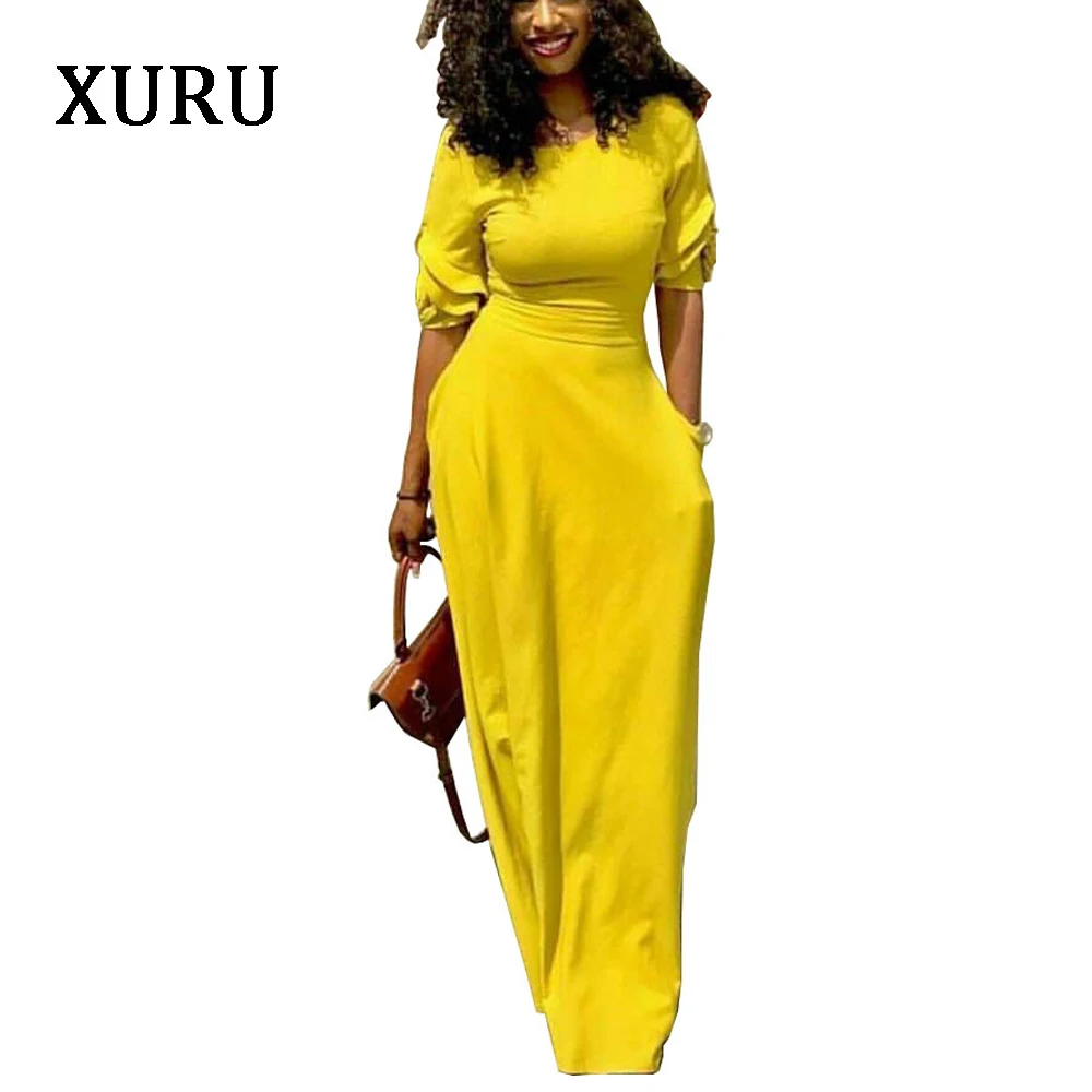 

XURU 2019 Autumn Pencil Dress Black Yellow Red Half Sleeve Slim Waits Pockets Long Dresses Elegant Lady Casual Party Dress