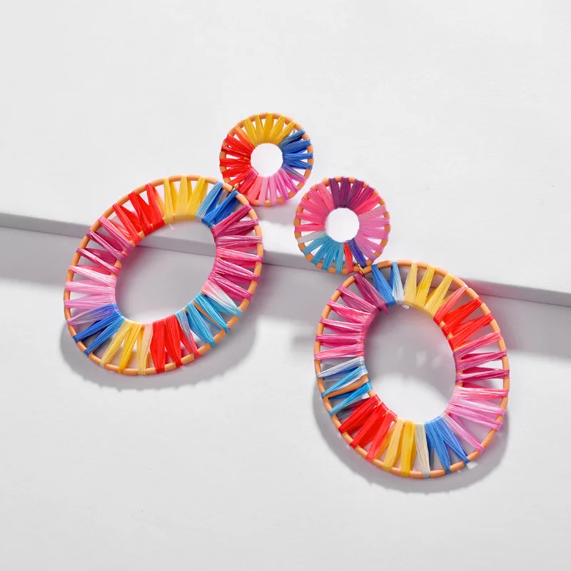 

New Bohemian Dyed Color Lafite Woven Earrings for Women Hollow Alloy Segment Statement Earrings 2019 Oversized Geometric Jewelry