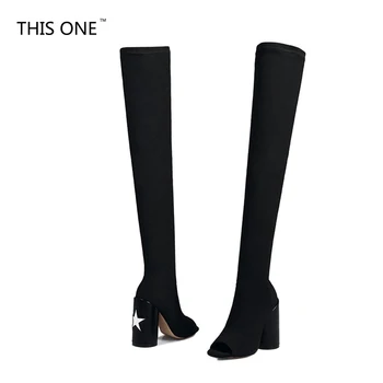 

THIS ONE Hot Stretch Fabric High Heel Boots Sexy Peep Toe Over The Knee Boots White Star Decor Black Botas Mujer Plus Big Size