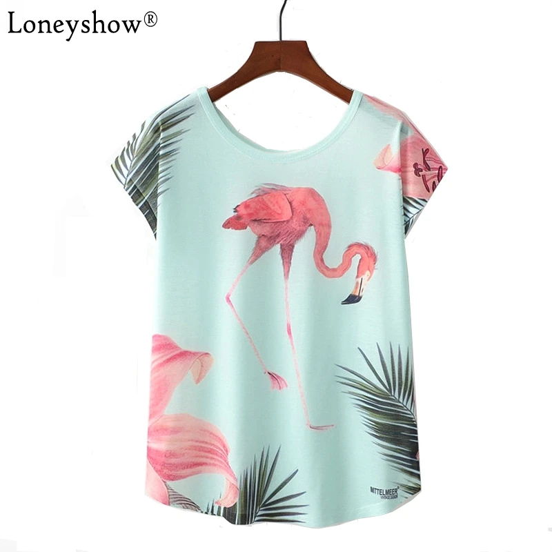 2018 Bird Flower Printed Harajuku Summer Casual T-shirts Women Round Neck Short Sleeve Loose Tees Cute Unicorn Tops For Girl | Женская