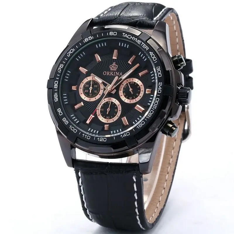 Orkina Mens Black Dial 24Hrs Stopwatch Sport Leather Quartz Wrist Watch Valentine s Day Gifts Gift