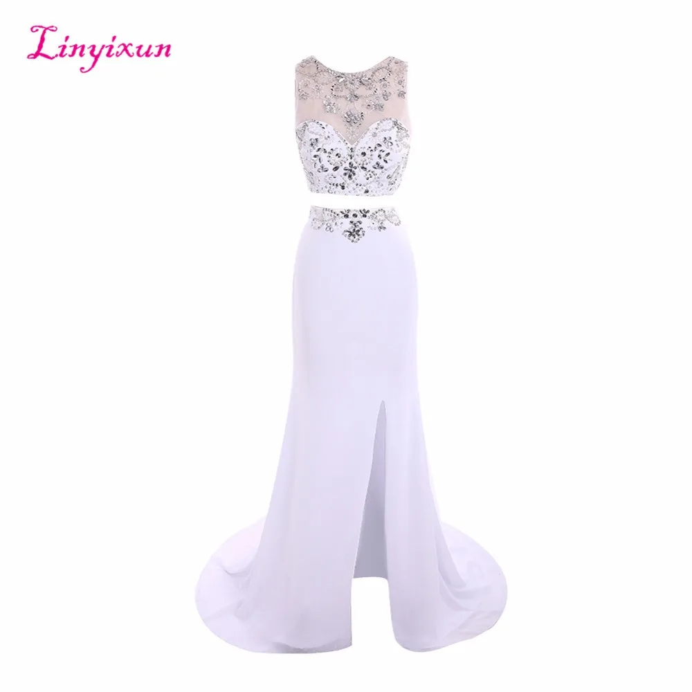 

Linyixun Real Photo 2017 Two Piece Prom Dresses Chiffon Evening Gown With Crystal Beads Sweep Train Sleeveless Scoop Prom Gown