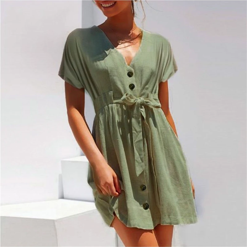 

Women Summer Short Sleeve Button Casual T shirt Dress Elegant High waist Tunic Ladies Plain Sundress V Neck Dames Streetwear