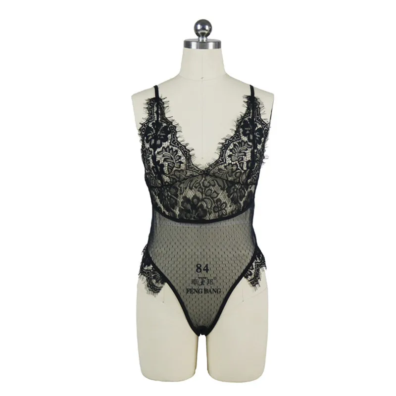 New Women Sexy Lace Mesh Bodysuit Deep V Perspective Rompers Women Jumpsuit Playsuit G-string&Thong Femme Nighwear Sleepwear Hot
